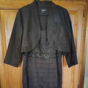 Adrianna Papell Occasions Women Black Jacket Dress 3/4 Sleeve Sequin/Bead Sz 16w